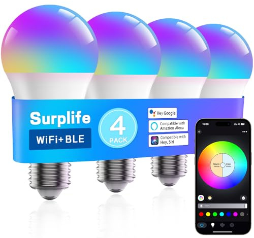 ZMFUTY Smart Led Light Bulbs, Wi-Fi Magic Home Light Bulbs for Alexa & Google Assistant, E26, A19 Music Sync Color Changing Light Bulb, APP Remote Control on/off, Wireless, Bluetooth, 800LM, 60W,4Pack