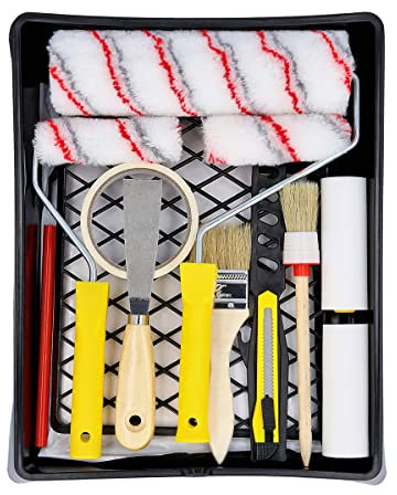 Paint Roller Tray 17 Piece TOUGH MASTER Set, 9” Tray, 9” Paint Roller, 9” Handle, 2x4” Polyester Refill, 2x4” Foam Refill, 4” Handle, 2” Paint Brush with Wooden Handel, Plastic Paint Filter
