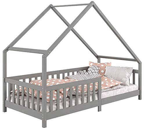 IDIMEX Hausbett CORA aus massiver Kiefer in grau, schönes Montessoribett mit Dach, stabiles Tipi Bett mit Rausfallschutz