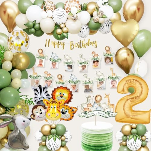 2 Geburtstag Junge Mädchen, Dschungel Geburtstagsdeko 2 Jahr Junge, Kindergeburtstag Deko mit Safari Luftballons 2 für Deko 2. geburtstag Mädchen junge Kinder Wild Dschungel deko