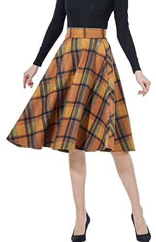 BEAUTELICATE Damen Wollmischung Plaid Midi Rock Hoch elastisch Taille Vintage Tartan A-Linie Rock Winter Flare Langer Rock mit Einer Tasche (Warme Orange, M)