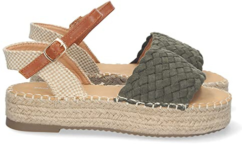 shoes&blues.es 72368 Sandalia de Plataforma para Mujer, Comoda, Forrada de Yute, Pala Entrelazada, Talon Abierto, y Cierre de Hebilla Verde Talla 40