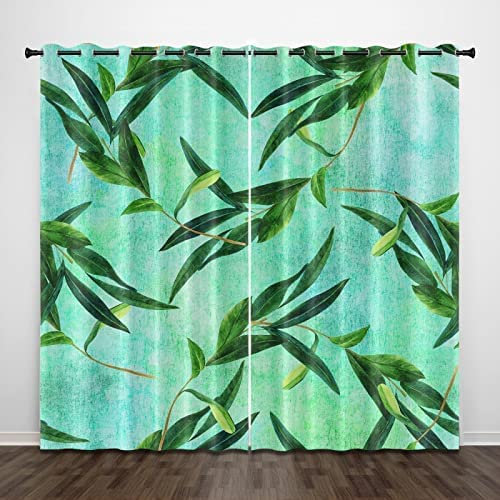 Vorhang Blickdicht Ösen Thermo Verdunkelungs Polyester Gardinen 2 Stück 3D Grüne Pflanzenblätter Für Schlafzimmer Wohnzimmer Kinder Oder Babyzimmer 150(B) X166(H) cm - Bedruckte Verdunkelungsvorhänge