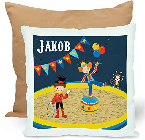 CreaDesign, Kinder Kissen 40x40 cm personalisiert mit Namen, Kinderzimmer Deko Kissen Kinder mit Füllung Federn, Motiv Zirkus, Rückenfarbe Beige