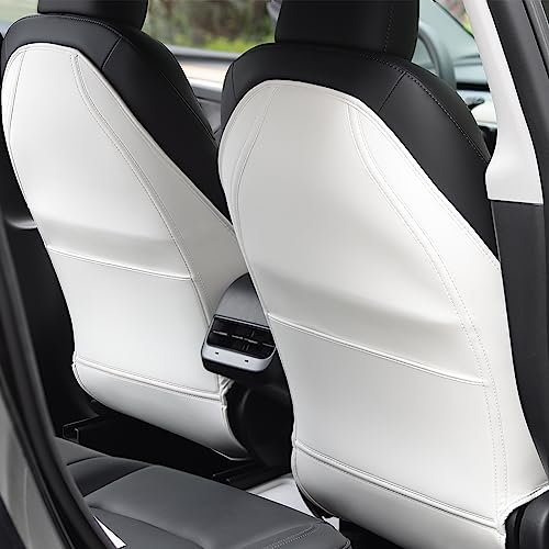 TX-INNO Auto Tesla Model 3 Model Y Leder Rückenlehnenschutz, verschleißfester Rückenlehnenschutz für Kinder, Sitzrückenbezüge, Trittmatten mit Organizer-Tasche, Tesla-Zubehör, 2er-Set (weiß)