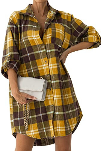 Blusas para mujer 3/4 manga con cuello en V rejilla estilo escocés manga corta mujer verano camisetas largas niñas sueltas ligeras cómodas ocio camisetas sueltas camisas casuales moda Y2k, amarillo, L