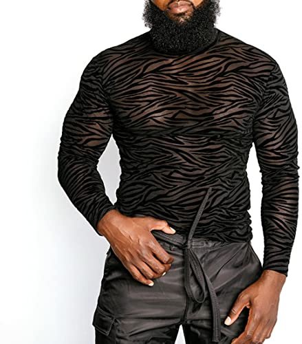Casey Kevin Maglietta a Manica Lunga Uomo Vedere Attraverso Maniche Lunghe in Maglia Sexy Trasparente Shirt Camicia a Rete Slim Fit a Collo Alto