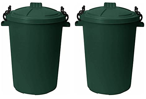 (Set of 2) 50L Litre Dark Green, Heavy Duty Plastic Clip Lock Lid Bin Waterproof Indoor or Outdoor Rubbish Trash Can Dustbin Waste Bins or Storage of Animal Feed For Home & Kitchen Garden