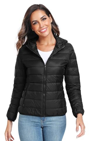 Teemie Giubbotto Invernale Piumino Donna Leggero Con Cappuccio Mezza Stagione Caldo Trapuntato Giacca All'Aperto Comodo Nero S