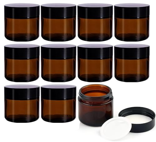 YBCPACK 12 Stück Salbentiegel 60ml Braunglas mit Schraubdeckel | Cremetiegel zum Befüllen, UV-Schutz & Luftdicht für Kosmetik, Salben, DIY (Apothekenbedarf, Spülmaschinenfest)