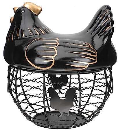 GOOHOCHY Hen Shape Egg Basket Metal Mesh Wire Storage Basket Lid Large Capacity Decorative Kitchen Container for Eggs Garlic Ginger Black Room Decor Aesthetic