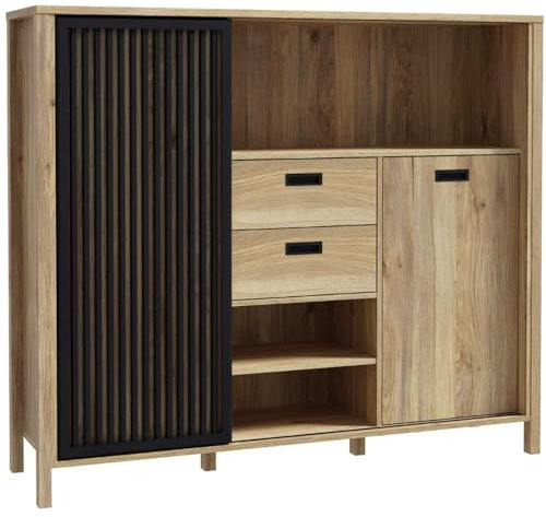 Forte JYTANA Schrank 150, skandinavischer Schrank mit 2 Schubladen und Schranktüren und 3 Regalfächern, Mauvella Eiche Holzdekor/Schwarz, 149,9 cm breit x 129,9 cm hoch x 40,2 cm tief