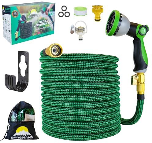 Bergmann® Premium Gartenschlauch Flexible - Flexibler Schlauch mit 10 Funktion Spritze Flexschlauch mit Wandhalterung 3/4 1/2 Zoll Anschluss 3-Fach Latexkern (Grün-22m)