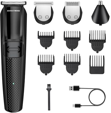 Barberboss Regolabarba da uomo, tagliacapelli versatile per tagli di precisione, kit completo per la toelettatura degli uomini, strumento per lo styling di capelli e barba, kit wireless per taglio di