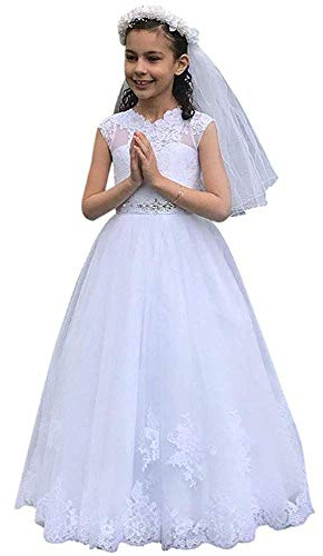 Hongyangjing Robe de communion blanche pour filles de 7 à 16 ans - Robe de princesse pour mariage, blanc, 12-13 ans