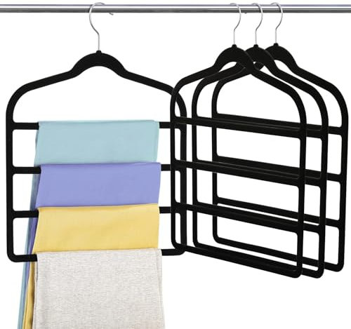 KJLEEN 4 Pack Trouser Hangers Space Saving Black Velvet Trouser Hangers Non-Slip Pants Hanger Jeans Hangers Multi Bar Clothes Hanger Closet Organizers Storage for Ties Belts Scarf Towel Pants