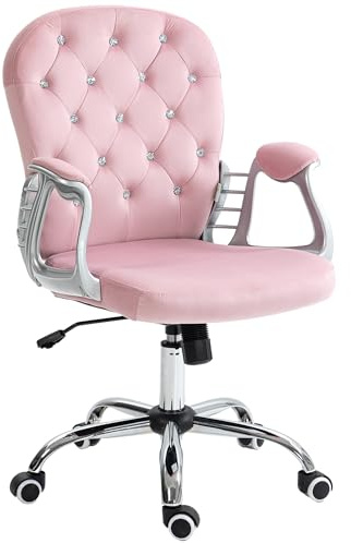 Vinsetto Silla de Oficina Silla de Escritorio Giratoria Tapizada en Terciopelo con Altura Ajustable Reposabrazos y Decoraciones de Diamantes Carga 120 kg para Estudio Dormitorio Rosa