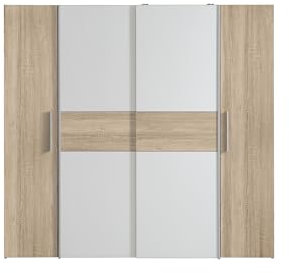 möbelando Dreh-/Schwebetürenschrank >KALIXTUS< 8 Böden, 2 Stangen, Sonoma Eiche Dekor/Weiss - 200x190,5x61,6cm BxHxT