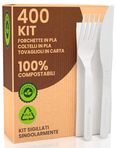 Ensemble écologique de couverts en bioplastique super résistant [400 pièces] – Biodégradables et compostables – Fourchette, couteau et serviette – Idéal pour les fêtes et les événements