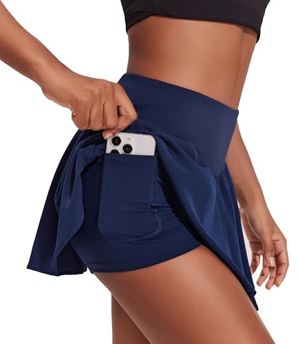 PINSPARK Damtenniskjol hög midja tennis Skort V-midja volanger sportkjol sommar golfkjol med 3 fickor veckad kjol träning löpning med innerbyxor, Marinblå, XL