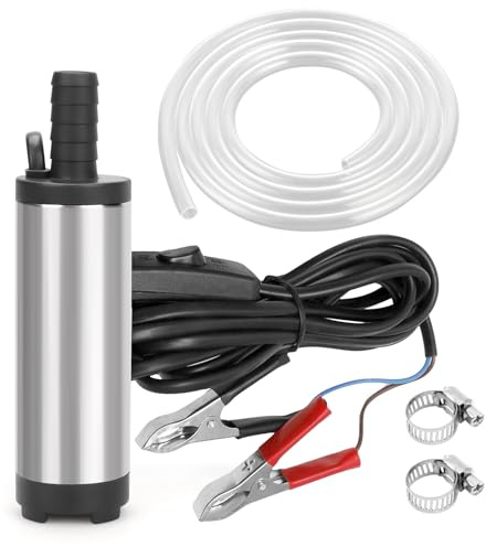 Pompa Olio DC 12V 38mm Pompa Acqua Pompa Sommersa Elettrica Pompa Travaso Gasolio Diesel Carburante con Tubo 5M, Pompa Aspira Acqua e Olio per Auto, Veicolo a Motore, Barca (Clip a coccodrillo)