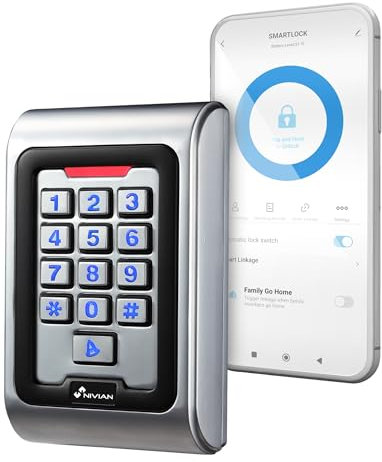 Control de Acceso autónomo NIVIAN Acceso por Tarjeta EM, Pin y App Salida de relé, pulsador y Timbre Wiegand 26 y WiFi | Control de Tiempos App Tuya Smart para gestión y Aperturas