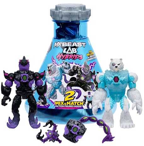 MrBeast Lab Hybrids Multi Pack, Reveal Different Hybrid Parts To Create 2 Mix & Match Action Figures, Plus Parts Of The Golden Panther Dragon, Fuse Millions Of Beast Combinations - Shark VS Polar Bear