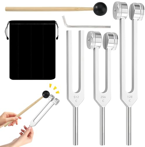 WANDGU Stimmgabel Set: Stimmgabel Hammer Set aus Aluminiumlegierung 128 256 512 Hz, für Heilung Chakra, Stimmgabel Aktivator Frequenzheilgeräte Klangtherapie Yoga Meditation Zubehör