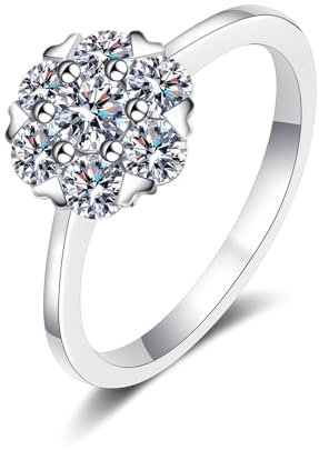 Verlobungsring Damen, Fingerring Damen Set 18 Karat (750) Weißgold Blume mit 0,5 Karat Weiß Rundschliff Laborgewachsener Diamant Größe 58 (18.5)