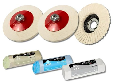 Lux Metal - Kit 2 disques de polissage en feutre 100 mm avec culot M14 + 1 lamellaire 115 mm et 3 pâtes abrasives polies 250 g (A-B-C) polir aluminium fer acier inoxydable chromé ébauche métaux