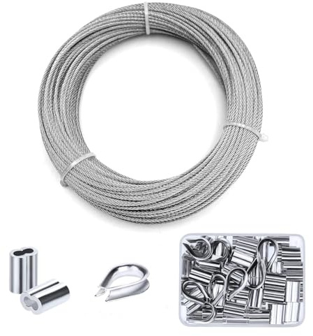 T316 Stainless Steel Wire Rope, 1/16 inch, 100 ft Cable Kit with 50 Crimping Sleeves and 10 Thimbles