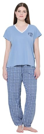 Ulla Popken Femme Grandes Tailles Pyjama à Carreaux, T-Shirt décolleté en V et Manches Courtes Bleu Givre 54+ 840290714-54+