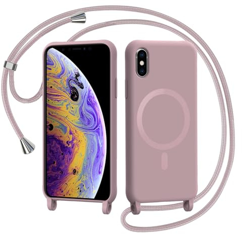 AOMYKE Handyband für iPhone X/iPhone XS Hülle mit Band, Magnetisch Handyhülle kompatibel mit Magsafe zum Umhängen Schutzhülle mit Kette Kordel Weich TPU Liquid Silikon Case，Pink