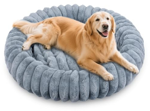Qoosea Panier pour Chien, Lavable Lit pour Chat en Forme de Beignet avec Base Antidérapant, Épais et Chaleureux Coussin Animaux Pouf Chats et Chien Tapis, Gris 60cm