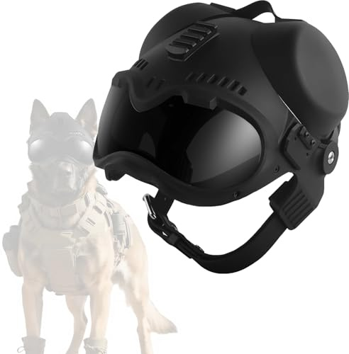 Taktischer Hundehelm mit Schutzbrille, Winddichter Und Schlagfester Kopfschutz für Kleine und Mittelgroße Hunde, Verstellbarer Riemen für Reiten im Freien, Wandern und Abenteuer(Black)
