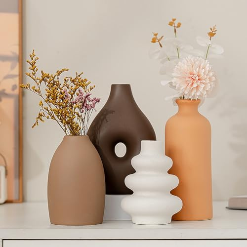 Set di 4 vasi in Ceramica,vasi in Ceramica per la Decorazione Domestica,Vaso Decorativo per Erba di Pampa e Fiori secchi,Decorazione per l'ingresso (Marrone,Arancione,Bianco,Giallo terra)