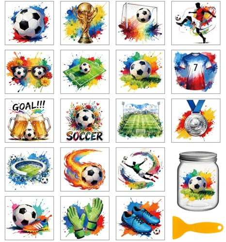 GLOBLELAND Fußball-Transferaufkleber, 18 Blatt, UV-DTF-Transferpapier, Mehrfarbig, 10x9 cm, für Becher, Flaschen, Glas, Möbel, Sport-Dekor