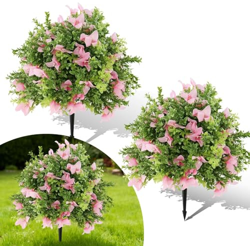 Garvee Set of 2 Artificial Boxwood Topiary Ball Trees, Silk Flowers, Pink | UV Resistant, Faux Shrubs with Ground Spikes, Outdoor Indoor Decor, Porch, Patio, Garden