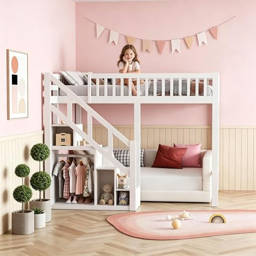BIYFSDS Högsäng 90 x 200 cm för barn, barnsäng högsäng 90x200 med lattbotten och förvaringsutrymme, funktionell ungdomshögsäng 90x200 med trappa och förvaringsskåp (vit, 90 x 200 cm)