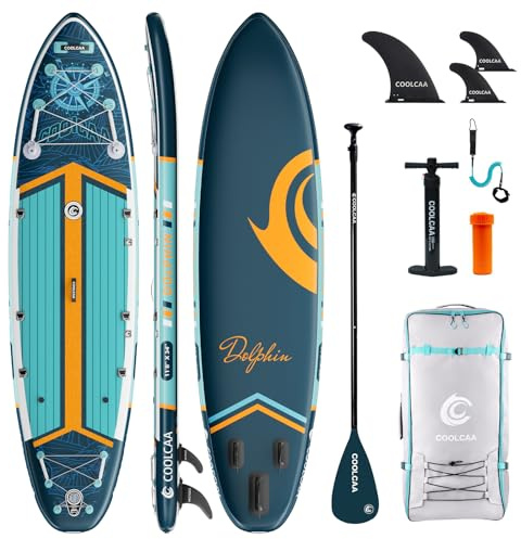 COOLCAA Dolphin SUP Board, 355cm (Extra Groß) Stand Up Paddling Board, Aufblasbares Stand-Up Paddle Board mit 86cm Extra Breit, Fishing Paddleboard mit Zubehör & Tragetasche für Adults, 222 kg