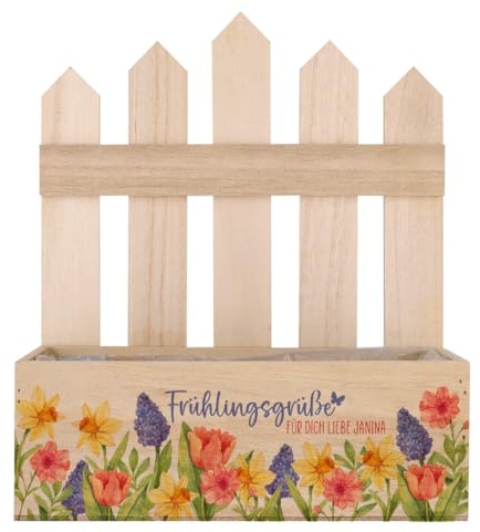 Herz & Heim® Personalisierter Pflanzkorb „Frühlingsgrüße“ aus Holz – Geschenkkorb & Geschenkbox mit Wunschtext – 3 Varianten – Pflanzkiste mit Folie (Zaun (23 × 27 × 10,5 cm))