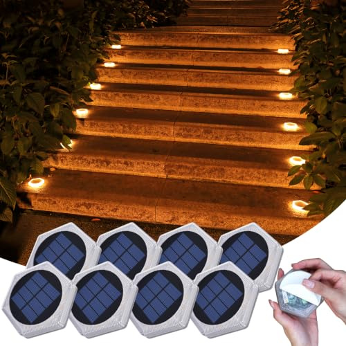 Solarlampen für Außen Garten zum Hinlegen, Warmweiß 20 LEDs 10cm Solar Treppenbeleuchtung Aussen Aufkleber Liegend, IP68 Wetterfest Befahrbare Bodenleuchten für Einfahrt Stufe Gehweg Rasen (8 Stück)