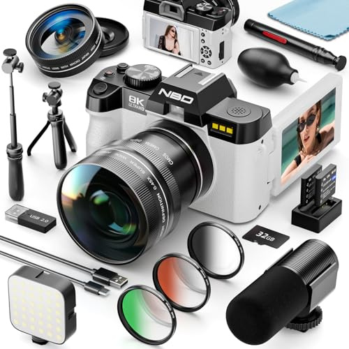 NBD 8K Digital Camera 64MP, Autofocus, 16X Digital Zoom, White | 180° Flip Screen, WiFi, External Mic, Tripod, Fill Light, Wide-Angle/Macro, Filters, 2 Batteries, 32GB, Vlogging