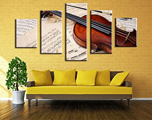 Wowdecor Bilder 5 Teilig Leinwand Malerei Drucke - Violine & Notenblatt Giclee Home Wohnzimmer Schlafzimmer Wand Bild Deko, Poster Geschenk gedruckt - Ungerahmt (groß)