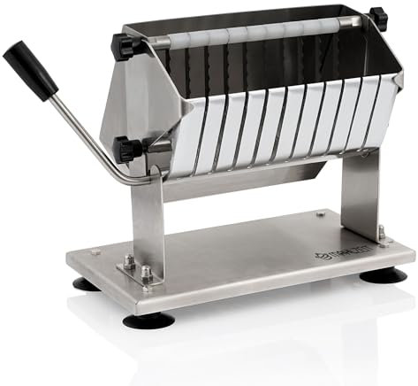 Mahlzeit Edelstahl Currywurstschneider für 18 mm Scheiben | 10 extra scharfe Messer mit Wellenschliff | Bratwurstschneider manuell für Imbiss, Gastro | Hand Curry Wurst Schneider, Wurstschneider