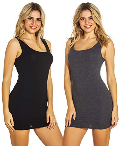 Mcilia Women's Fine-Ribbed Stretch Soft Vest Long Tank Top 2-Pack Black/Dark Grey Large (UK Size 14 16)