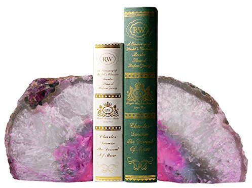 AMOYSTONE Brazilian Rock Buchstützen 1 Paar rosa Achat Geode Buchstützen 1,4-1,8 kg für Videospiele CDs Einzigartige Buchstützen Home Decorative