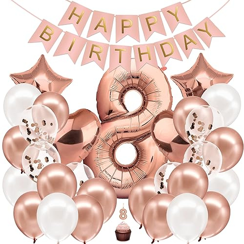 envami® Geburtstagsdeko Mädchen Rosegold Zahl 8. Happy Birthday Deko Geburtstag Mädchen Folienballon 8 Luftballon 8. Geburtstag Kindergeburtstag Deko