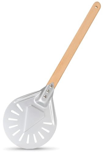 testyu Pala para Pizza Horno, Perforada Pizza Peel Redonda de 7 Pulgadas Weber Pequeña, Pala para Pizza de Aluminio con Mango de Madera Extraíble de 40 cm, Espátula para Pizza Casera