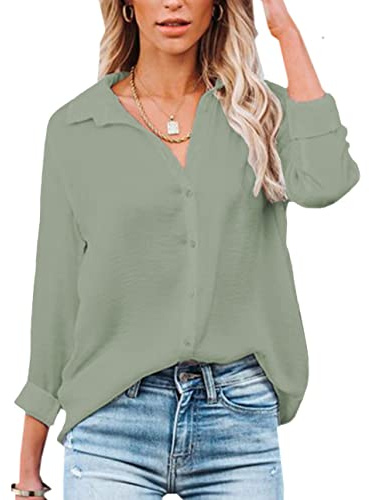 NONSAR Damen Bluse V-Ausschnitt Hemden Elegant Langarm Casual Arbeit Oberteile mit Knöpfen Tops Langarmshirt(9328M,Erbsengrün)